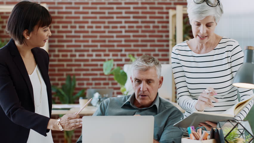 Senior team, creative company employees and advertising group working on strategy for online corporate project. Digital teamwork, ux design business and feedback for professional staff collaboration