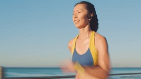 Fitness, asian woman and running by the beach for exercise, training or cardio workout in the outdoors. Active Japanese female runner in sports sprinting, exercising or run for healthy body by ocean - Powered by Shutterstock - Get 15% off with code: PIKWIZARD15