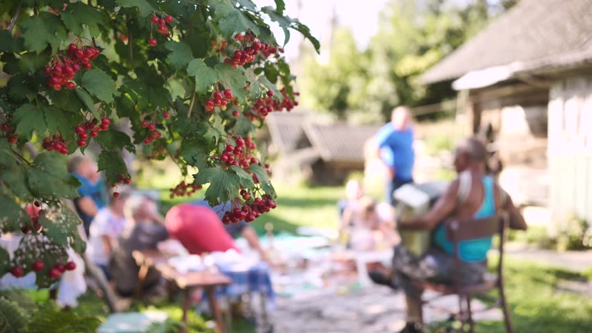 A family picnic of adults in the countryside against the backdrop of a red berry tree.