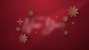Happy New Year text animation on a red background with snowfall particles. Animated video clip of Happy New Year messages with white text. Animation using 4K motion graphics