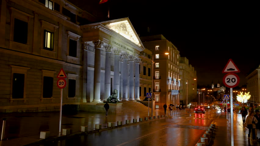 Facade of the Congress of Deputies in Madrid, Spain,. Night view