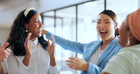 Team, happy and success with women hug and diversity, support and celebrate successful presentation. Collaboration, happiness and excited about win, achievement and solidarity, teamwork motivation. Video Stok