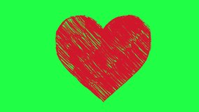 Hand Drawn heart animation on a green background. Cartoon Hand Drawn heart animation with key color. Women's day, Valentine's Day, and Wedding day heart animation. Key color, Chroma key. 4K video