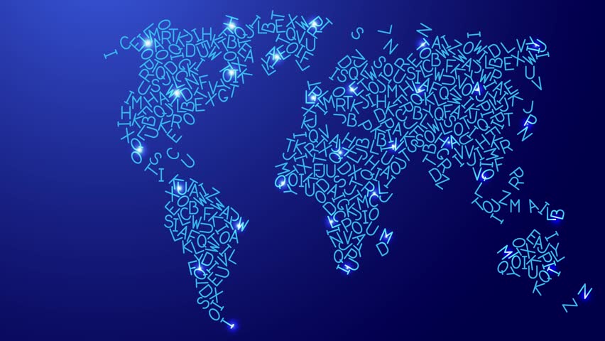 World map, from blue pattern latin alphabet scattered letters and glowing space stars, moving sideways.
