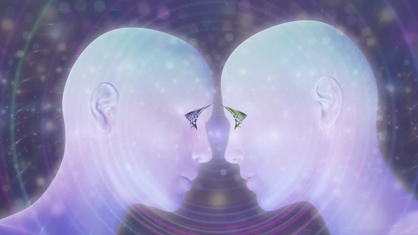 Two figures looking into each other's eyes, on a cosmic background, 3d Illustration, Meditation Animation, Video, Visualization Royalty-Free Stock Footage #1098041987