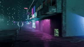 Night Atmosphere Of The Cyber City Landscape Video Loop Animation For Posters, Banners With Futuristic Objects. 3D Digital Abstract Scene. 4K Motion Movement, Cycled Seamless Template, Endless Render.