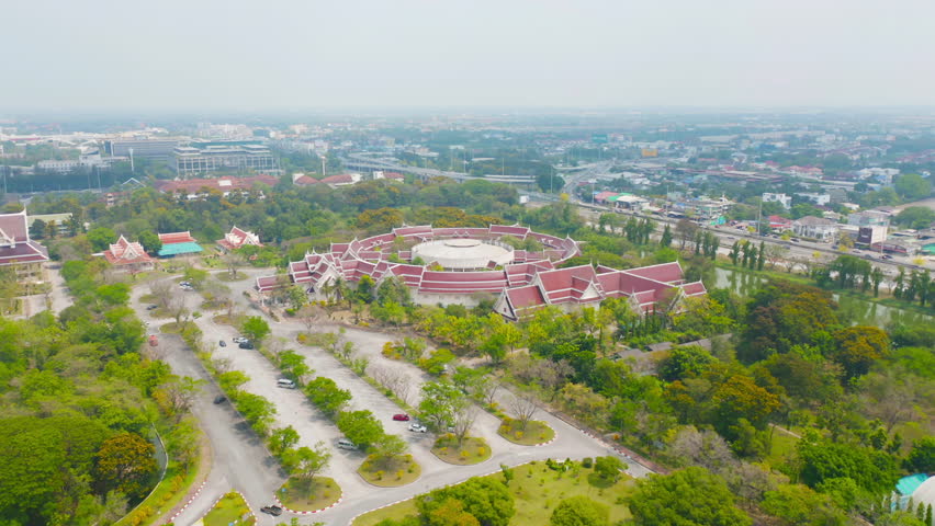 Aerial top view of Phutthamonthon, Bangkok City, Thailand. Thai buddhist temple architecture. Tourist attraction landmark.