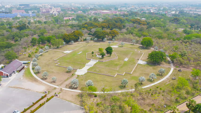 Aerial top view of Phutthamonthon, Bangkok City, Thailand. Thai buddhist temple architecture. Tourist attraction landmark.
