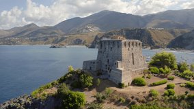 4K aerial - a bird's eye view video (Ultra High Definition) of historical place - Crawford Tower. Adorable  morning scene of Italian countryside. Breathtaking seascape of Mediterranean seascape, Italy