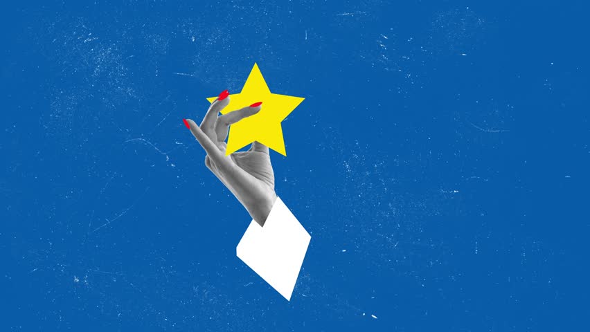 Stop motion, animation. Female hand holding big yellow star over blue background. Good luck symbol. Making wishes. Concept of creativity, symbolism, artwork, metaphor, surrealism Royalty-Free Stock Footage #1098062541