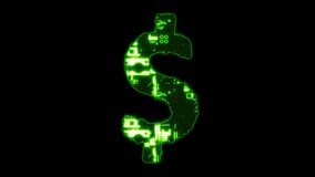 dollar - peso sign - cybernetic matrix style green glitch font, isolated - loop video