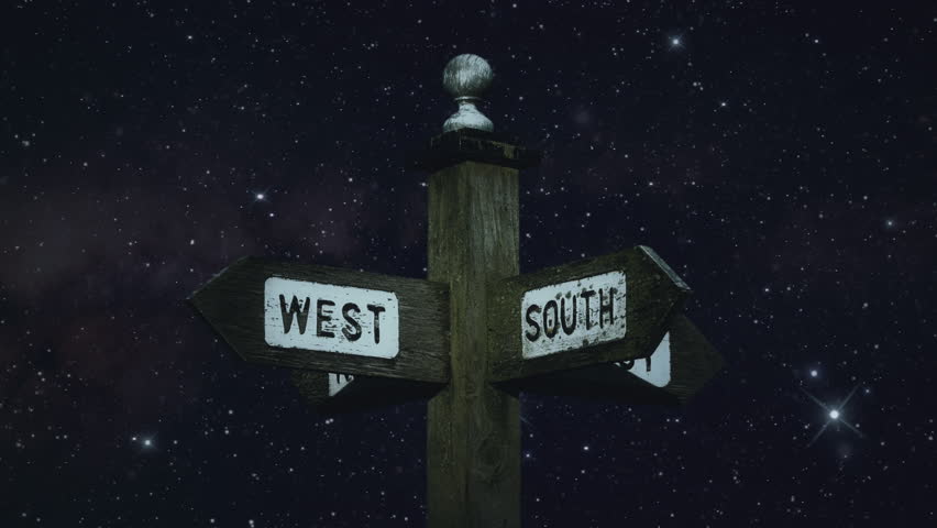 Signpost North South East West Starry Space Night Background. Wooden signpost pointing directions with a starry space on the background. Night time