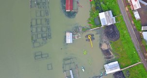 Overhead drone shot of fish cage on the lakeside - Rawa Pening, Indonesia
