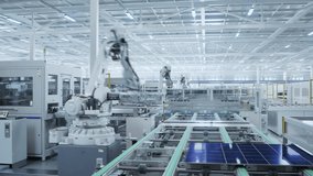 Time-lapse video of Automated Solar Panel Production Line. White Industrial Robot Arm Assembles Solar Panel, Placing PV Cells. Modern, Bright Manufacturing Facility.