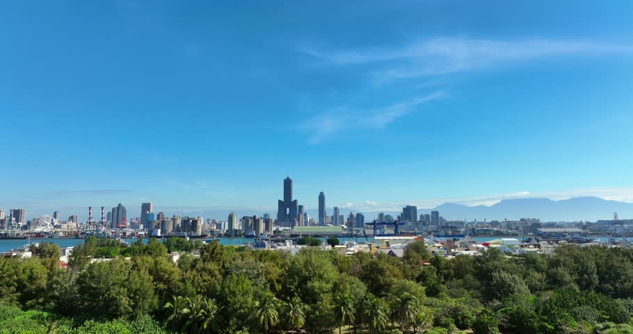 Aerial view of kaohsiung city harbor and coastline beach