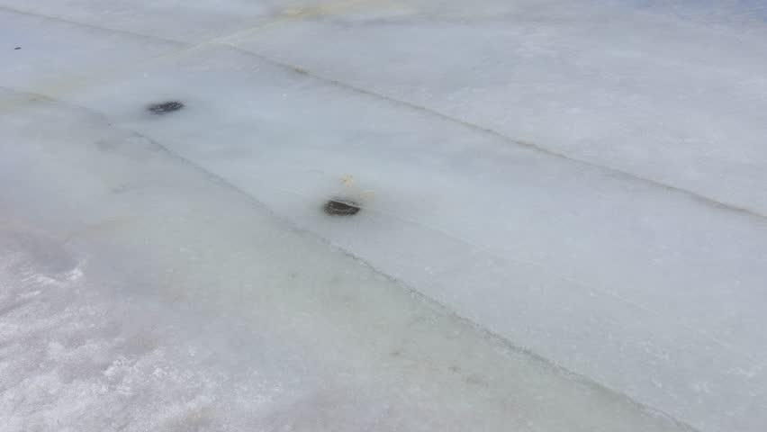 Frozen water surface on the lake, winter snowy day.