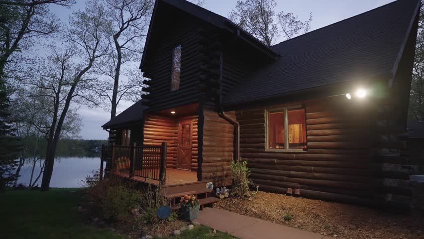 Exterior of a beautiful luxurious wooden lakeside cabin in the woods in the evening