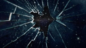 Deep Starry Space Shattered Glass Zoom In Crack. Broken glass shows deep starry space through hole, zoom in. Motion background - Powered by Shutterstock - Get 15% off with code: PIKWIZARD15