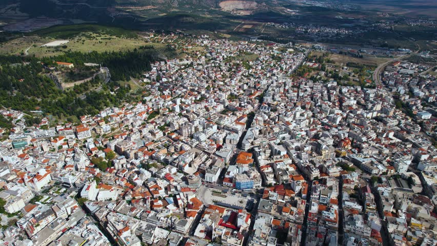 Aerial view of the city Lamia in Greece on an early morning in autumn