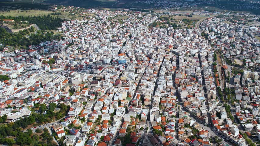 Aerial view of the city Lamia in Greece on an early morning in autumn