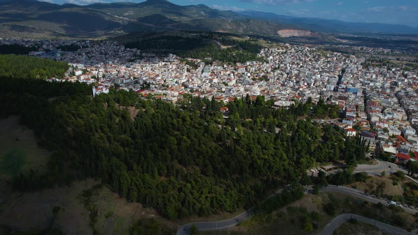 Aerial view of the city Lamia in Greece on an early morning in autumn