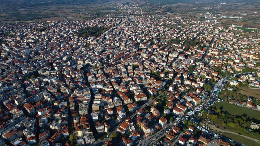 Aerial view of the city katerini in Greece on an early morning in autumn