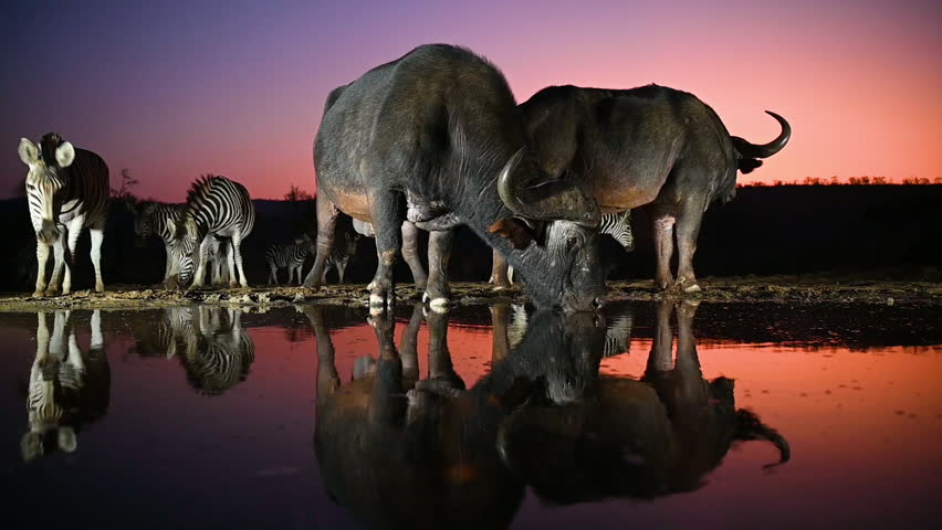 An African buffalo drinking at a water hole with zebras in the background with a beautiful evening sky in South Africa Royalty-Free Stock Footage #1098085355