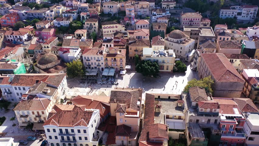 Aerial drone video of picturesque main square in old city of Nafplio know as Syntagma square, Argolida, Peloponnese, Greece