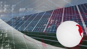 Animation of globe, connections and data processing over solar panels. Global sustainability, business, finances, connections, computing and data processing concept digitally generated video. - Powered by Shutterstock - Get 15% off with code: PIKWIZARD15