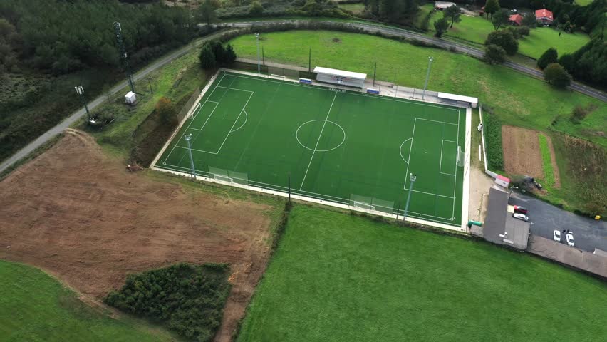 Aerial High Angle View of Green Football Field, Vilatuxe Club in Spain