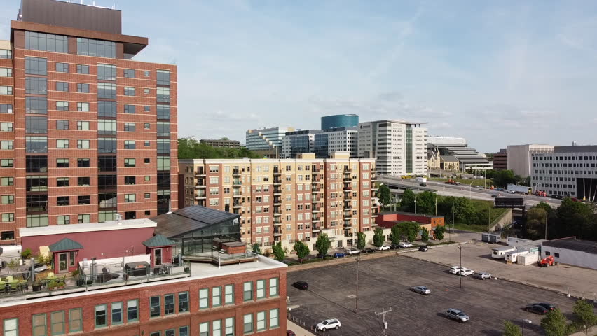Downtown Grand Rapids Michigan cityscape city with buildings drone aerial footage