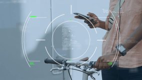 Animation of data processing with scope scanning over african american man using smartphone. Global technology, computing and digital interface concept digitally generated video.