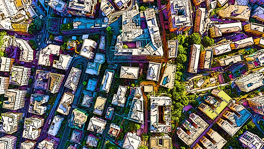 Color sketch in cartoon style. Genoa, Italy. Central part of the city. Station - Genova Piazza Principe, Aerial View, HEAD OVER SHOT
