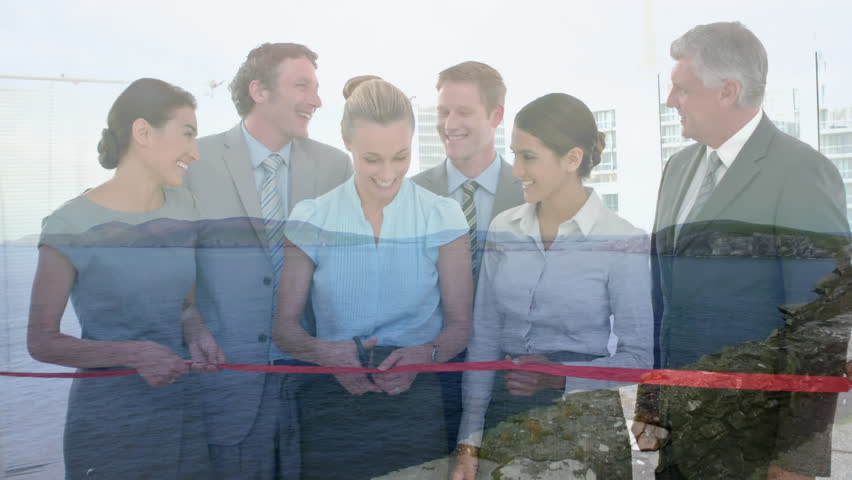 Animation of landscape over diverse business people. Global connections, business, finance, computing and data processing concept digitally generated video.