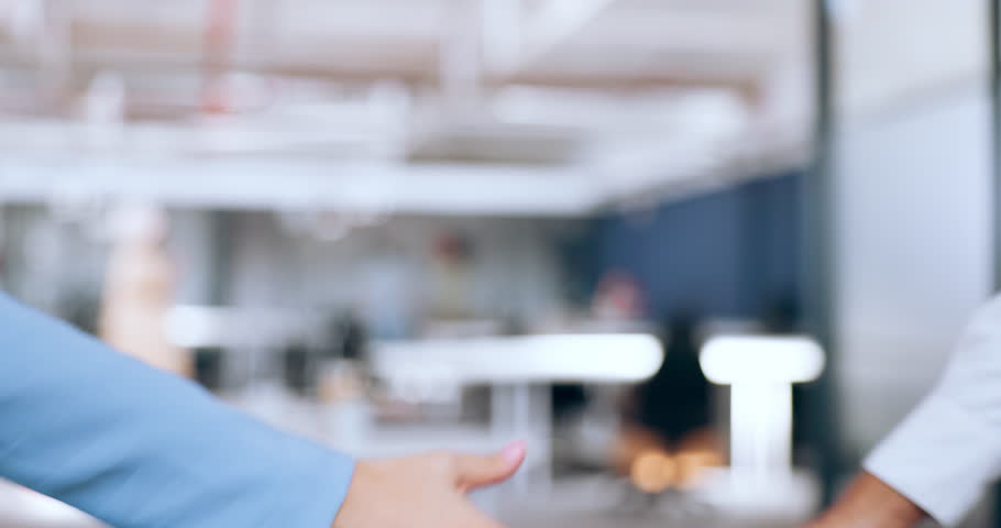 Corporate, partnership and b2b handshake of business people for professional agreement together. Cooperation, welcome or thank you of interracial women employees shaking hands in workplace.