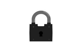 Animated padlock barn lock opens and closes with golden key. Safe storage of valuables and money. Cartoon looped video isolated on white background