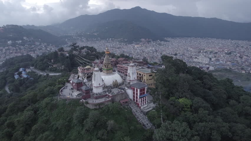 Nepal Swayambhunath Stupa Aerial Shot Fly Over Rotate L in Kathmandu Log - World Heritage Site Royalty-Free Stock Footage #1098108983