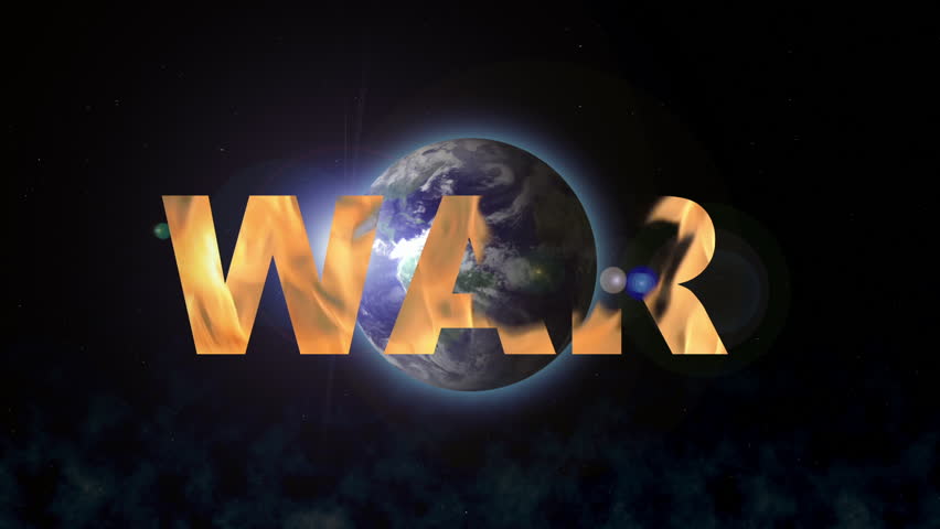 Animated planet Earth is spinning when burning logo WAR appears
