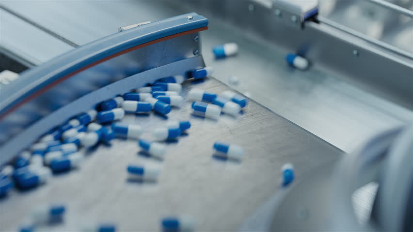 Blue Capsules are Moving on Conveyor at Modern Pharmaceutical Factory. Tablet and Capsule Manufacturing Process. Close-up Shot of Medicinal Drug Production Line. Royalty-Free Stock Footage #1098114207