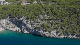 Drone video. Aerial photography. Transparent, blue, Adriatic sea. Rocky shore covered with green forest. Summer, sunny day. Beautiful landscape. Travel and vacation