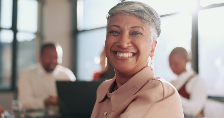 Face, woman or senior manager in meeting with a happy smile for marketing goals success or reaching kpi target. Leadership, portrait or funny business woman laughing alone with pride in office room Royalty-Free Stock Footage #1098118181