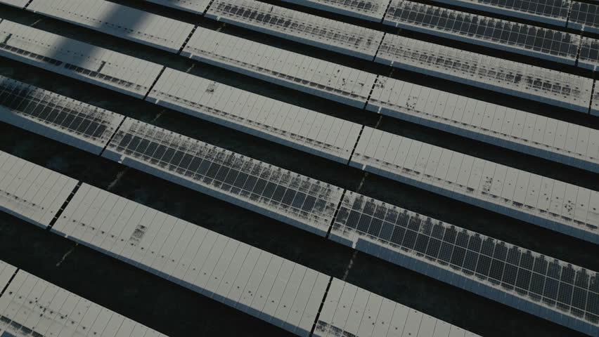 Solar panels of solar power plant covered in snow and ice, partly defrosted, slow orbit drone shot Royalty-Free Stock Footage #1098121921