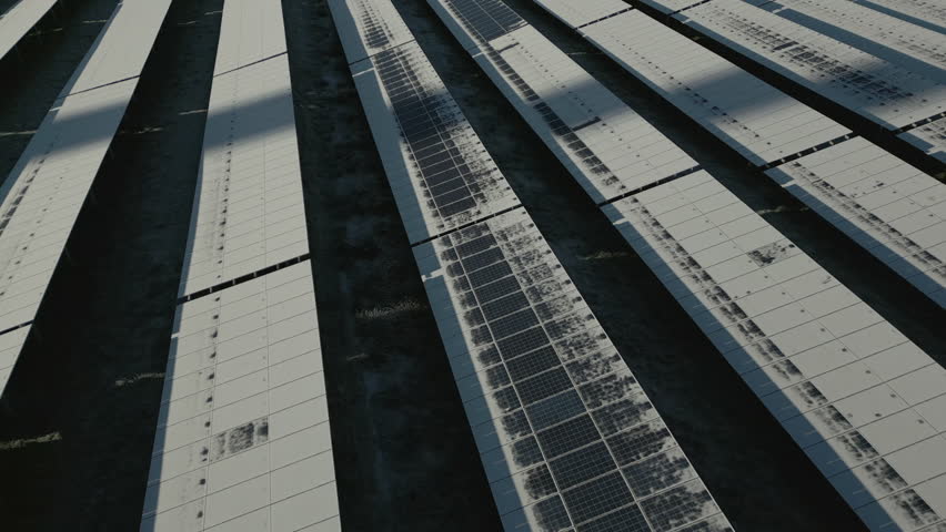 Solar panels of photovoltaic power plant covered in snow and ice, partly defrosted aerial drone shot Royalty-Free Stock Footage #1098122423