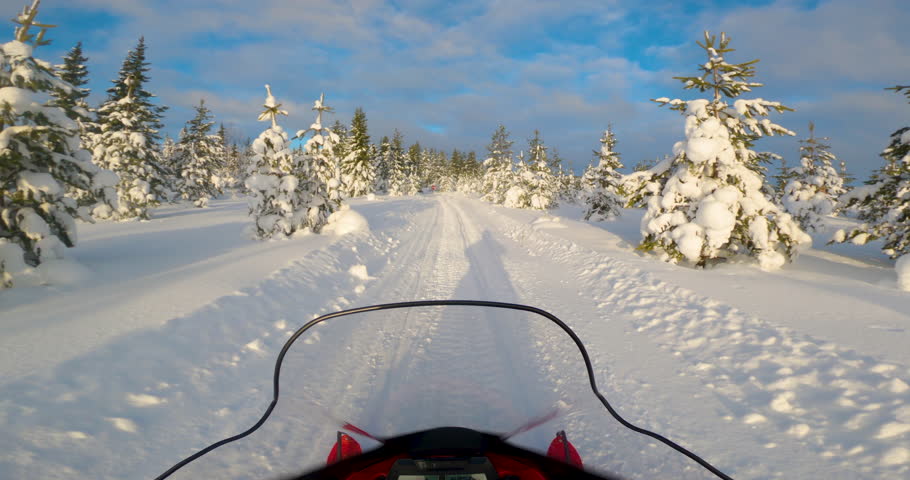 Snowmobile POV driving through Norbotten snowy winter pine forest at sunrise
