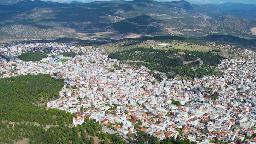 Aerial view of the city Lamia in Greece on an early morning in autumn