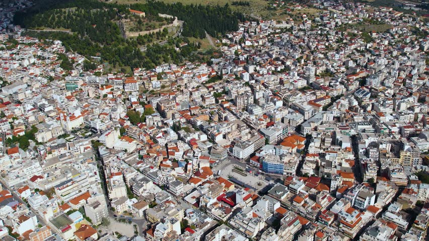 Aerial view of the city Lamia in Greece on an early morning in autumn