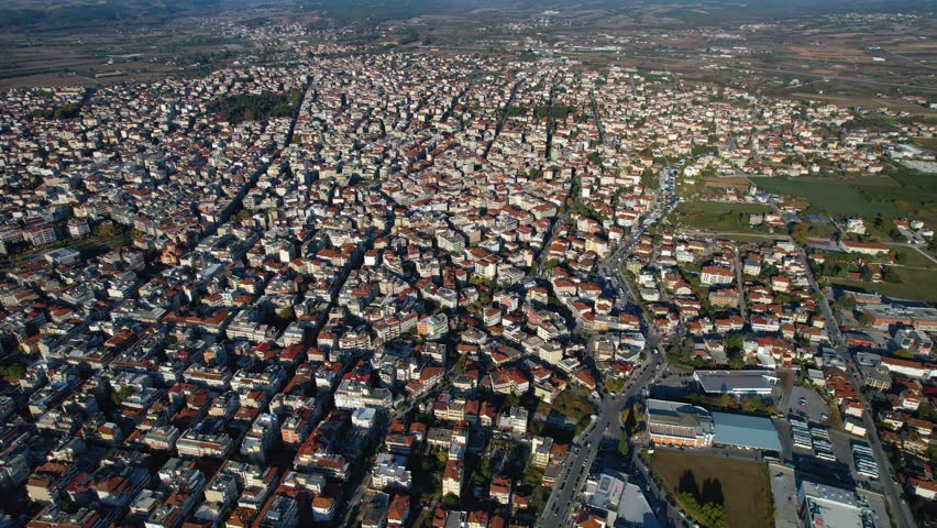 Aerial view of the city katerini in Greece on an early morning in autumn
