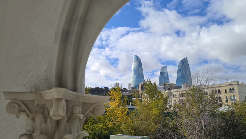 Flame Towers, Landmark of Baku Azerbaijan on Sunny Autumn Day, Wide View Royalty-Free Stock Footage #1098138133