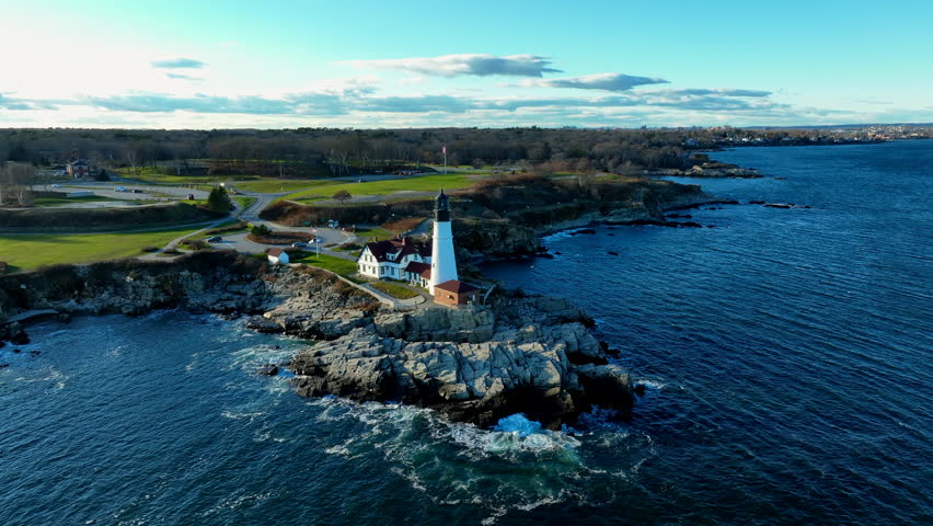Lighthouse cape Elizabeth Portland Main in soft afternoon winter sun Royalty-Free Stock Footage #1098139593