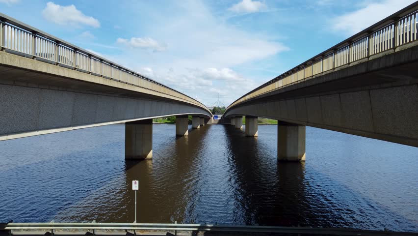 Drone footages of Commonwealth Bridge on Lake Burley Griffin in Canberra, the capital of Australia
